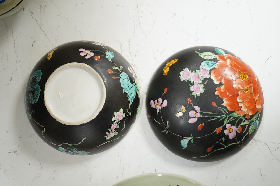 A Chinese celadon and blue and white vase, a dish decorated with birds and flowers and a pot and cover, largest 23cm in diameter